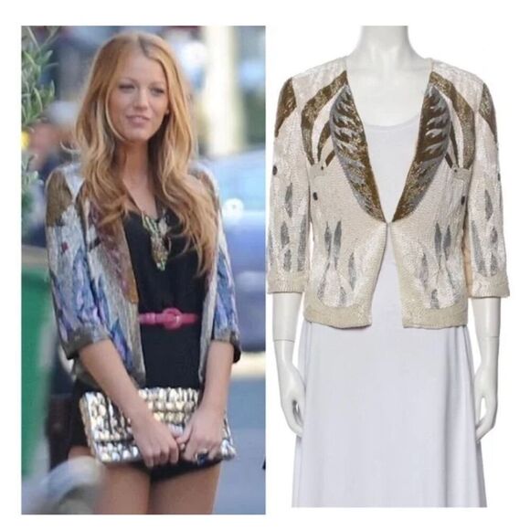 Haute Hippie (Serena Gossip Girl) Beaded Blazer Tan/ Gold XS Evening Jacket - Picture 1 of 16